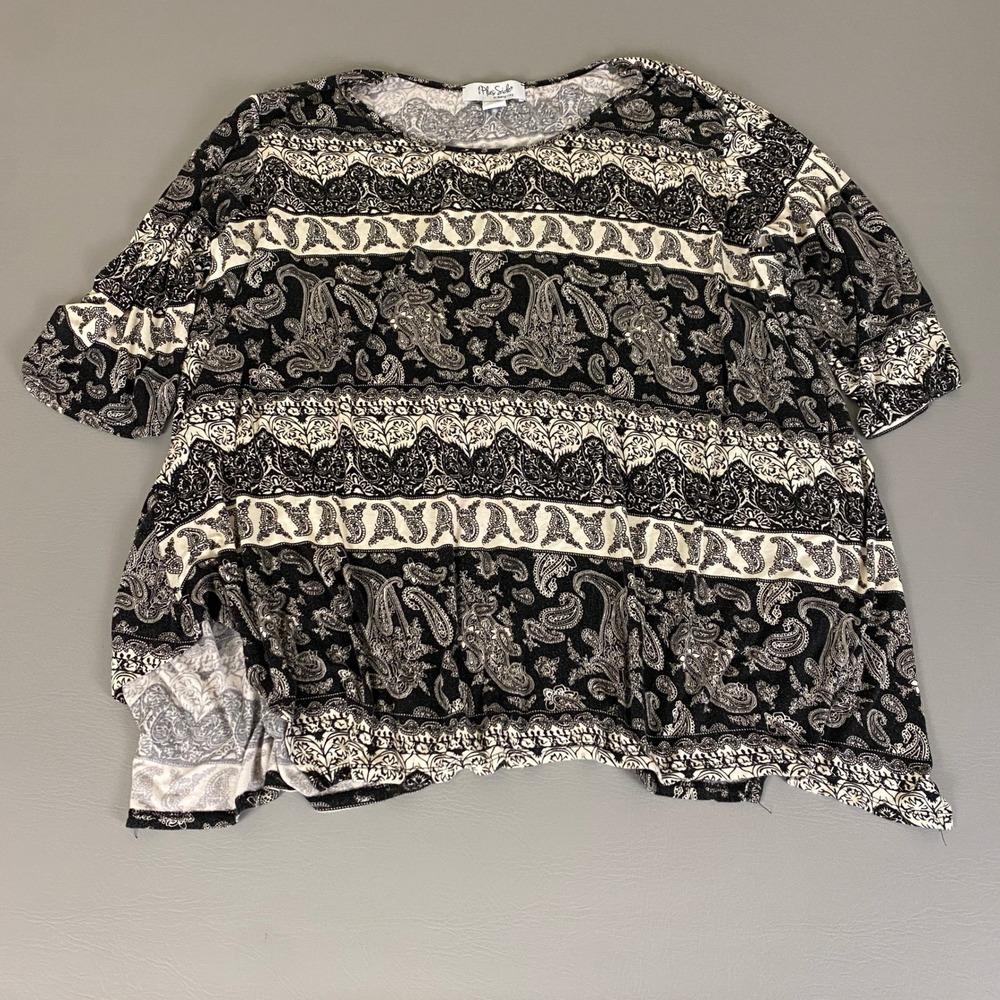 On The Plus Side Top 3X Paisley Print Black Beige Made in USA‎ Blouse Ruffled